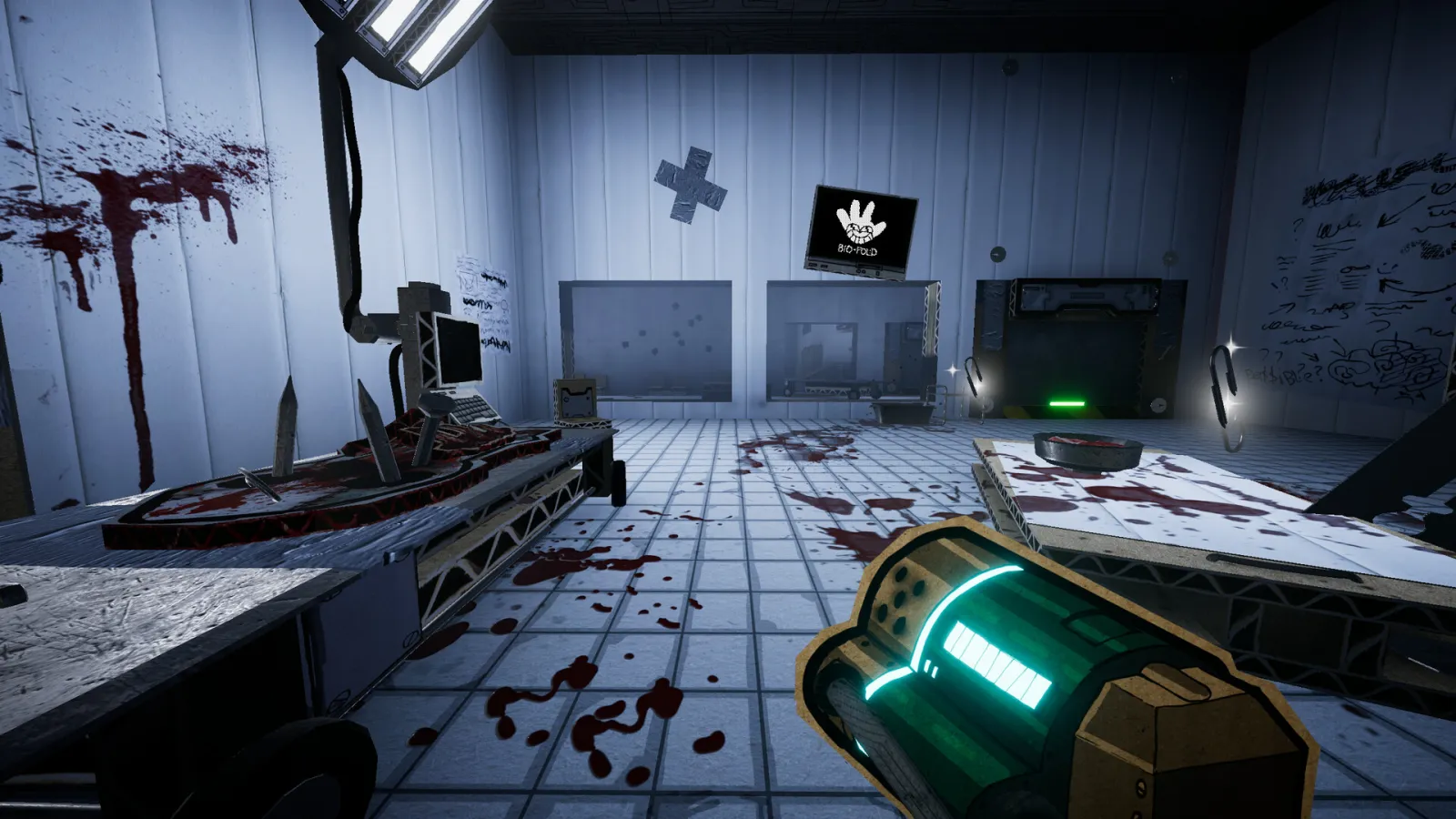Steam store screenshot of PAPERHEAD lab firefight with green energy weapon