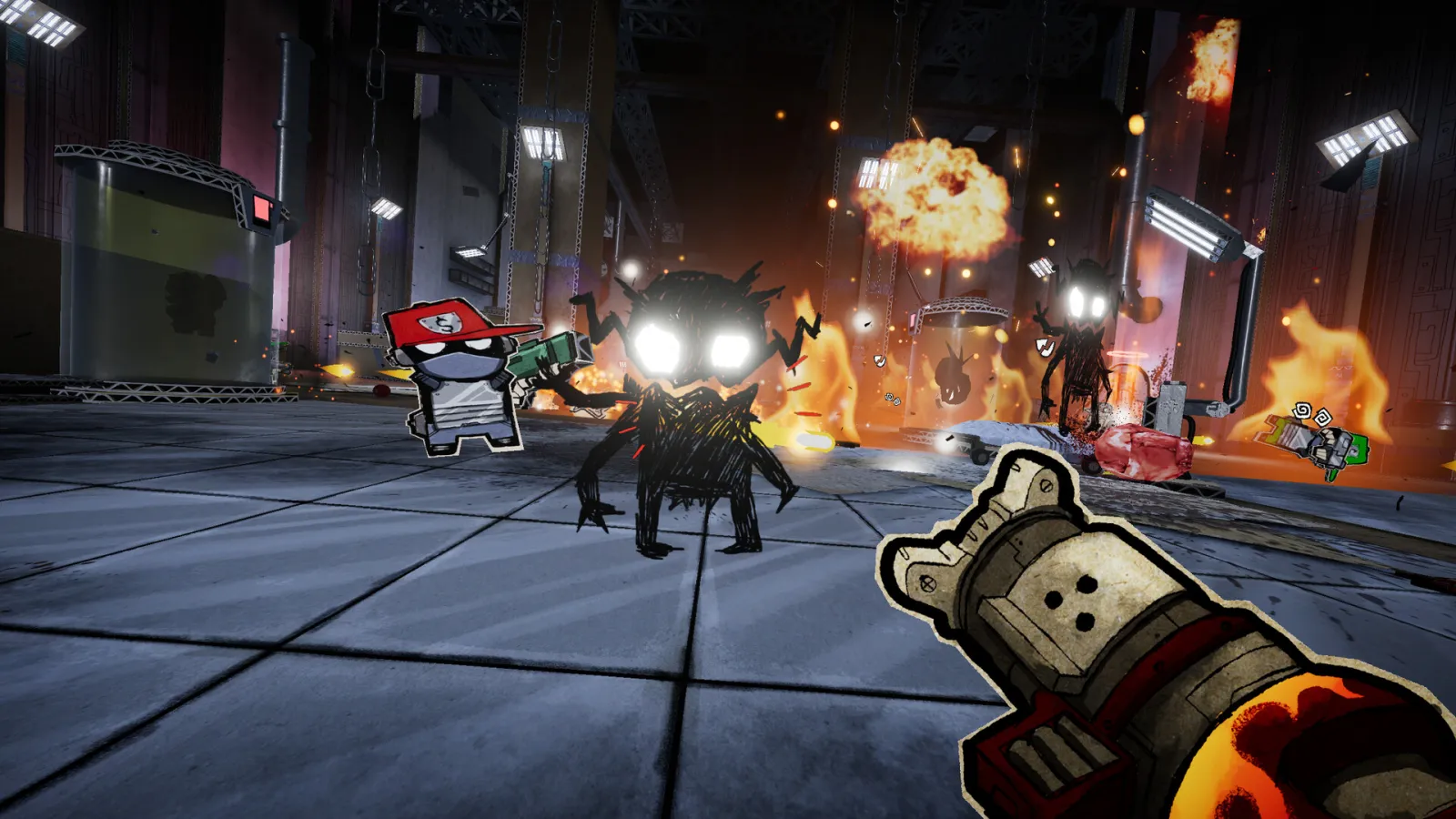 Steam screenshot of PAPERHEAD industrial hall combat with explosions