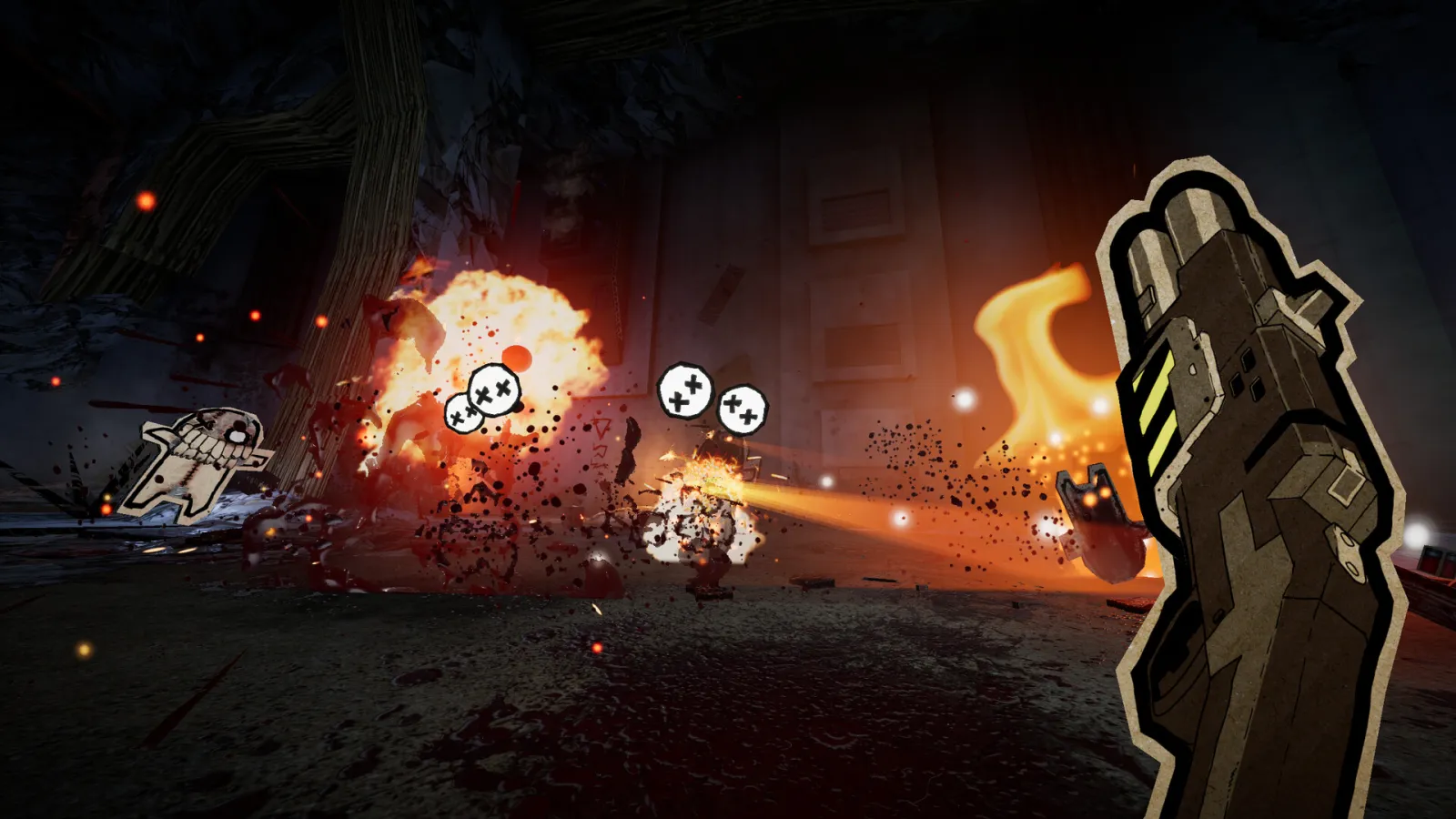Steam screenshot of PAPERHEAD shotgun combat with cardboard gore